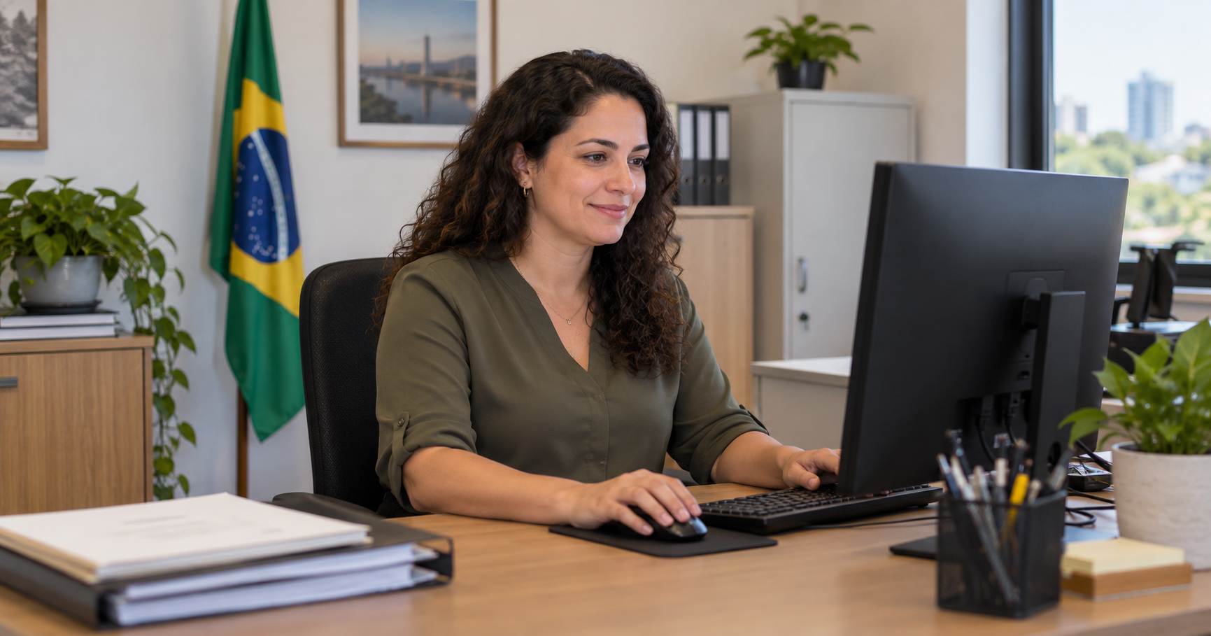 Dirigente de um Instituto de RPPS em reunião institucional diante de computador, em escritório público brasileiro.