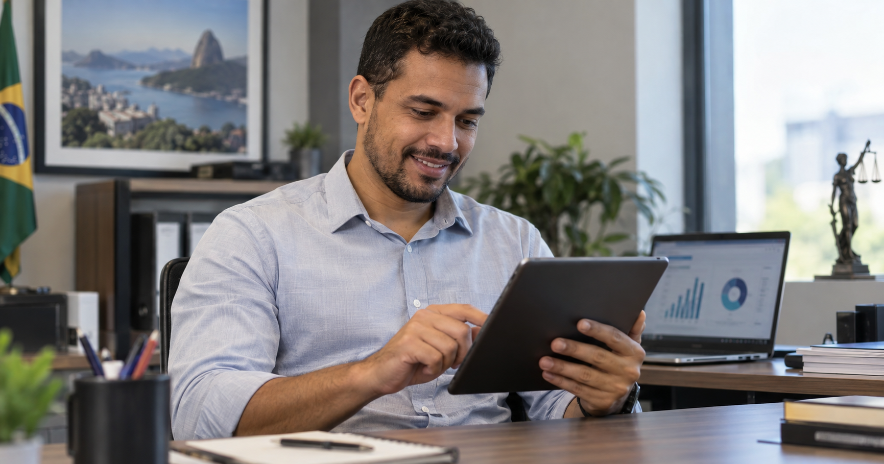 Homem em escritório utilizando um tablet, com notebook exibindo gráficos ao fundo, representando o uso de ferramentas e sistemas digitais em um instituto de RPPS.